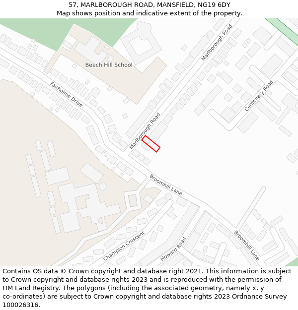 57, MARLBOROUGH ROAD, MANSFIELD, NG19 6DY: Location map and indicative extent of plot