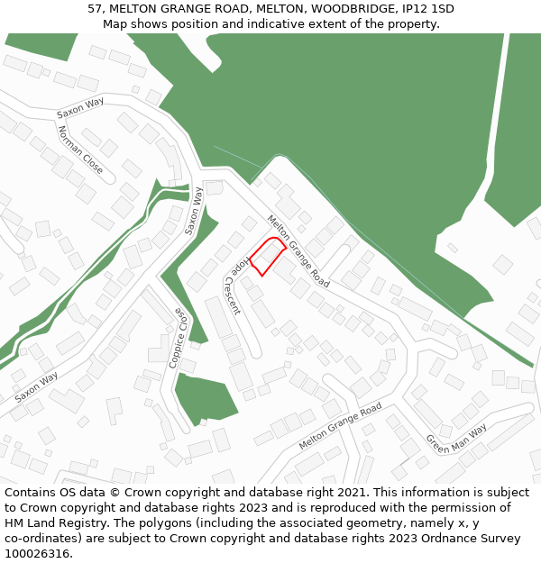 57, MELTON GRANGE ROAD, MELTON, WOODBRIDGE, IP12 1SD: Location map and indicative extent of plot