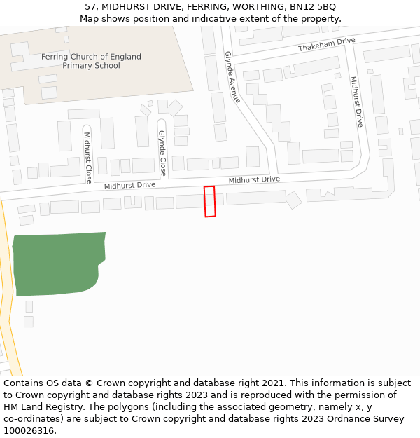 57, MIDHURST DRIVE, FERRING, WORTHING, BN12 5BQ: Location map and indicative extent of plot