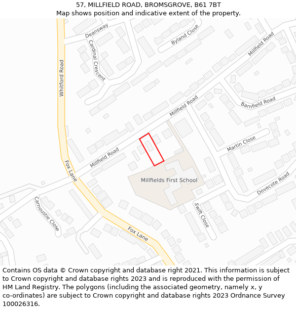 57, MILLFIELD ROAD, BROMSGROVE, B61 7BT: Location map and indicative extent of plot