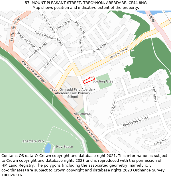 57, MOUNT PLEASANT STREET, TRECYNON, ABERDARE, CF44 8NG: Location map and indicative extent of plot