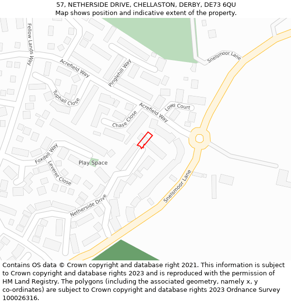 57, NETHERSIDE DRIVE, CHELLASTON, DERBY, DE73 6QU: Location map and indicative extent of plot