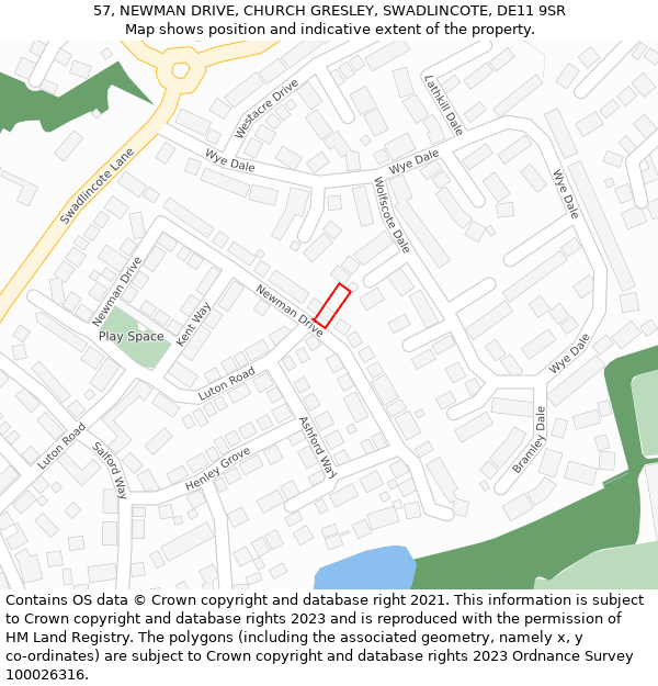 57, NEWMAN DRIVE, CHURCH GRESLEY, SWADLINCOTE, DE11 9SR: Location map and indicative extent of plot