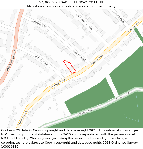 57, NORSEY ROAD, BILLERICAY, CM11 1BH: Location map and indicative extent of plot