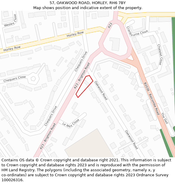 57, OAKWOOD ROAD, HORLEY, RH6 7BY: Location map and indicative extent of plot