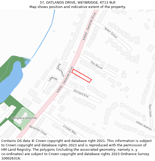 57, OATLANDS DRIVE, WEYBRIDGE, KT13 9LR: Location map and indicative extent of plot