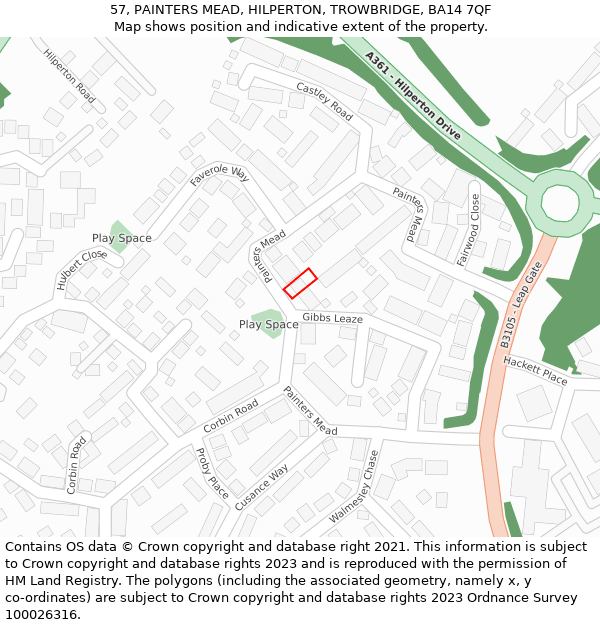 57, PAINTERS MEAD, HILPERTON, TROWBRIDGE, BA14 7QF: Location map and indicative extent of plot