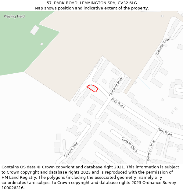 57, PARK ROAD, LEAMINGTON SPA, CV32 6LG: Location map and indicative extent of plot