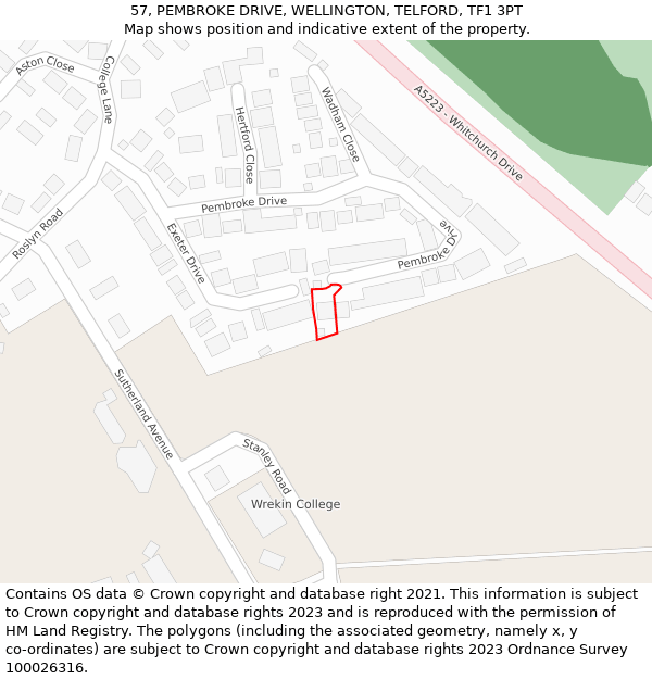 57, PEMBROKE DRIVE, WELLINGTON, TELFORD, TF1 3PT: Location map and indicative extent of plot