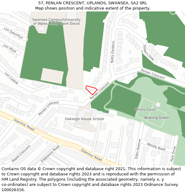 57, PENLAN CRESCENT, UPLANDS, SWANSEA, SA2 0RL: Location map and indicative extent of plot