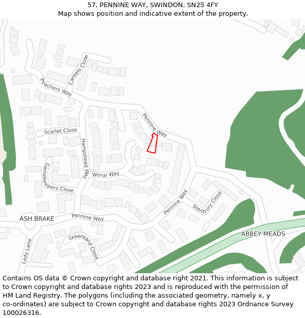 57, PENNINE WAY, SWINDON, SN25 4FY: Location map and indicative extent of plot