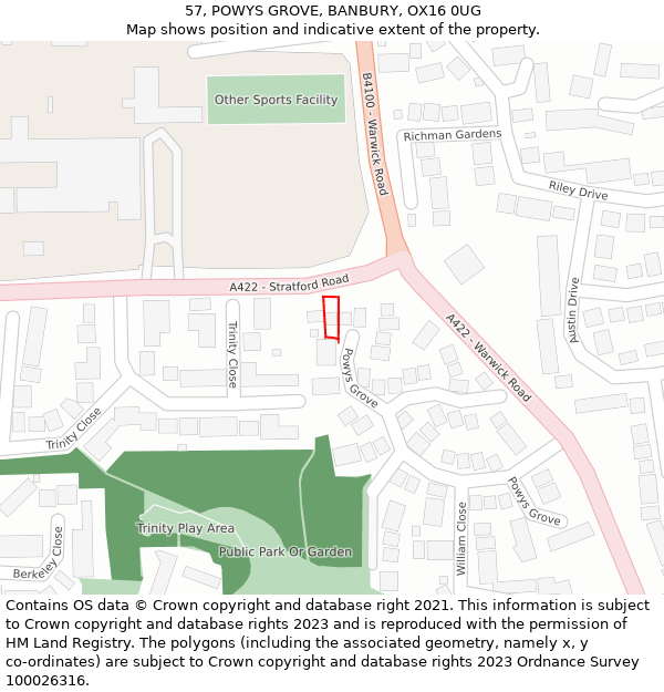 57, POWYS GROVE, BANBURY, OX16 0UG: Location map and indicative extent of plot