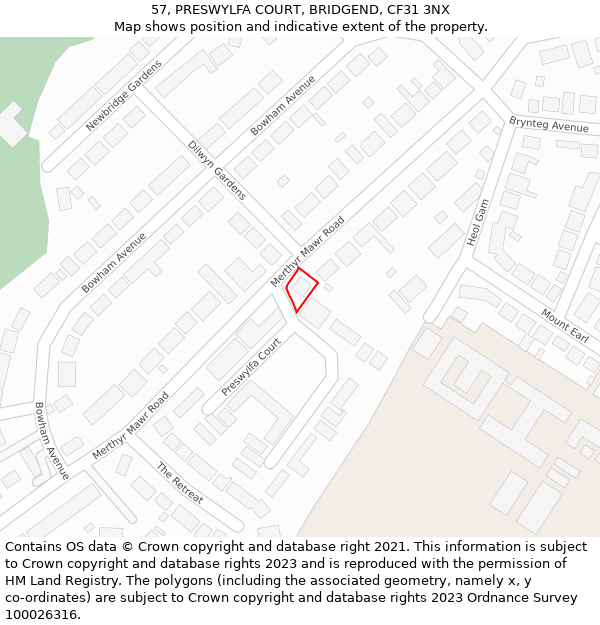 57, PRESWYLFA COURT, BRIDGEND, CF31 3NX: Location map and indicative extent of plot