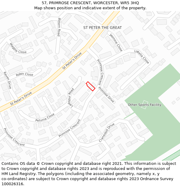 57, PRIMROSE CRESCENT, WORCESTER, WR5 3HQ: Location map and indicative extent of plot