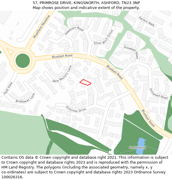 57, PRIMROSE DRIVE, KINGSNORTH, ASHFORD, TN23 3NP: Location map and indicative extent of plot