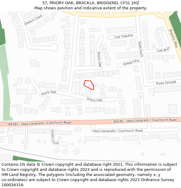 57, PRIORY OAK, BRACKLA, BRIDGEND, CF31 2HZ: Location map and indicative extent of plot