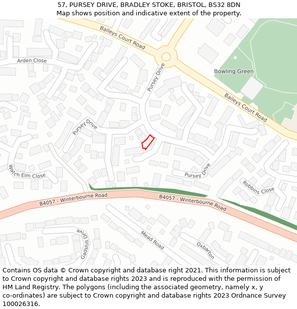 57, PURSEY DRIVE, BRADLEY STOKE, BRISTOL, BS32 8DN: Location map and indicative extent of plot