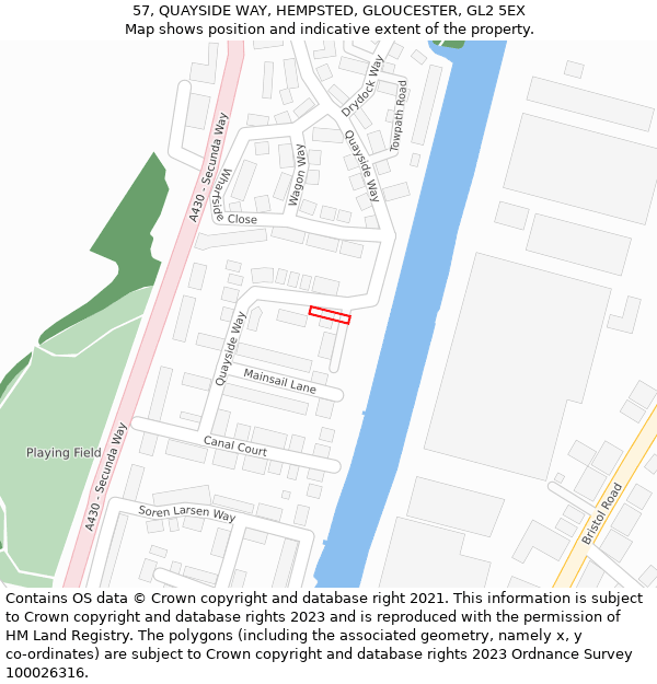 57, QUAYSIDE WAY, HEMPSTED, GLOUCESTER, GL2 5EX: Location map and indicative extent of plot