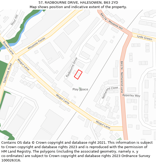 57, RADBOURNE DRIVE, HALESOWEN, B63 2YD: Location map and indicative extent of plot