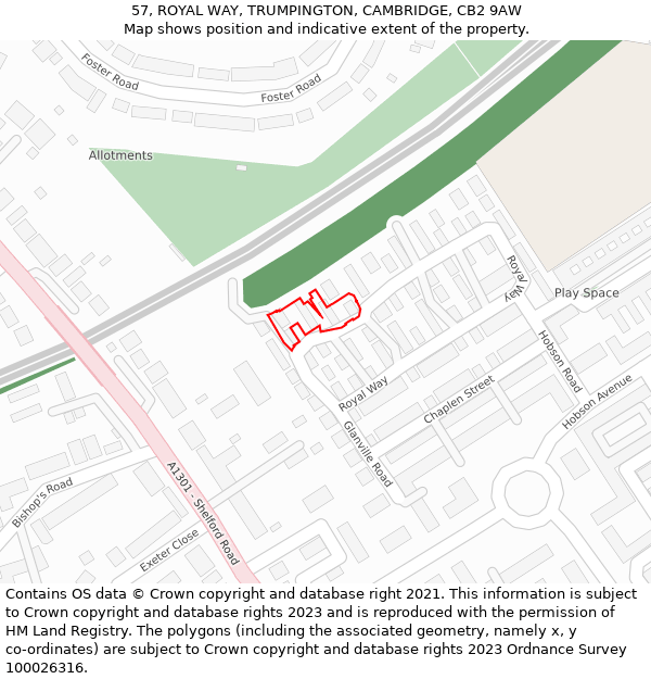 57, ROYAL WAY, TRUMPINGTON, CAMBRIDGE, CB2 9AW: Location map and indicative extent of plot