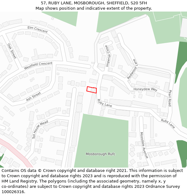 57, RUBY LANE, MOSBOROUGH, SHEFFIELD, S20 5FH: Location map and indicative extent of plot