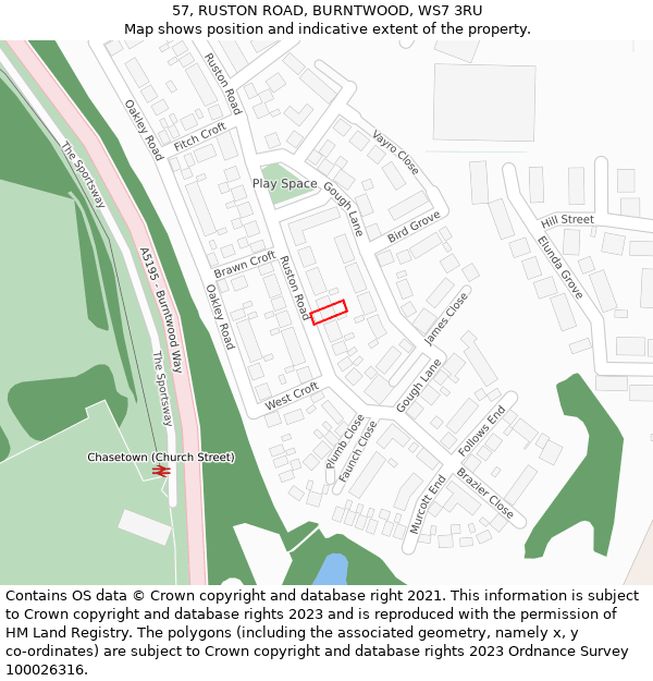 57, RUSTON ROAD, BURNTWOOD, WS7 3RU: Location map and indicative extent of plot