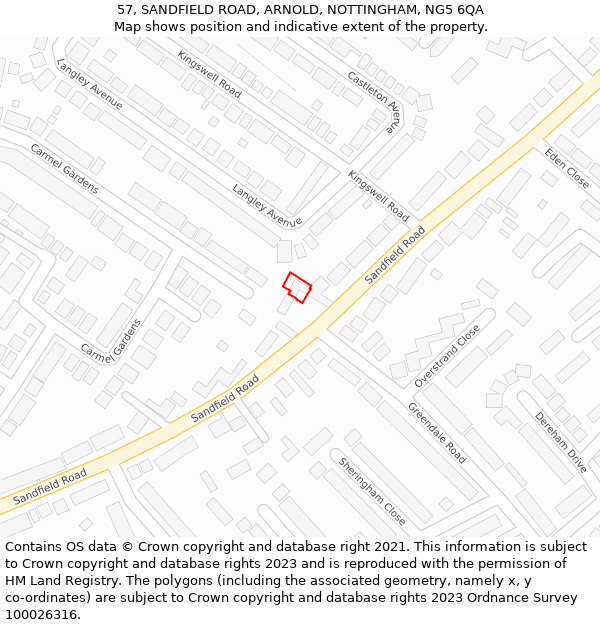 57, SANDFIELD ROAD, ARNOLD, NOTTINGHAM, NG5 6QA: Location map and indicative extent of plot