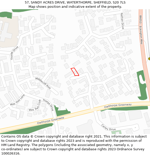 57, SANDY ACRES DRIVE, WATERTHORPE, SHEFFIELD, S20 7LS: Location map and indicative extent of plot