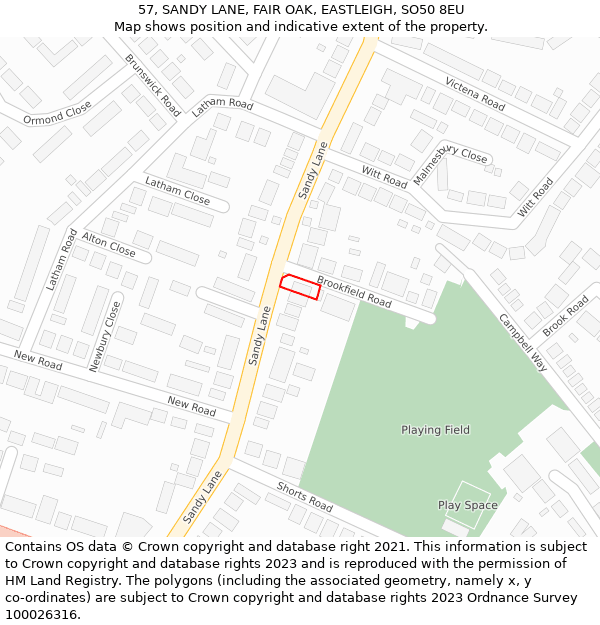 57, SANDY LANE, FAIR OAK, EASTLEIGH, SO50 8EU: Location map and indicative extent of plot