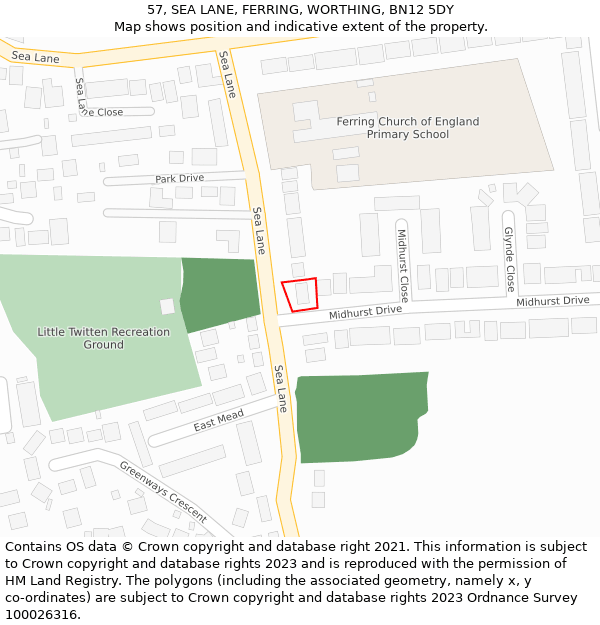 57, SEA LANE, FERRING, WORTHING, BN12 5DY: Location map and indicative extent of plot