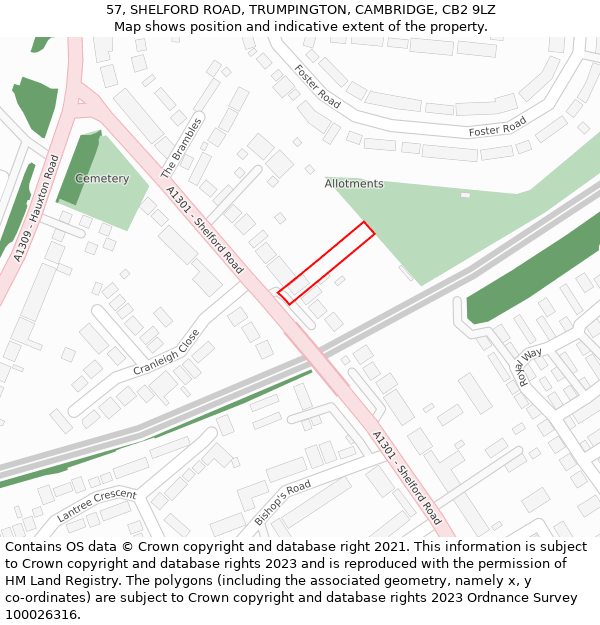 57, SHELFORD ROAD, TRUMPINGTON, CAMBRIDGE, CB2 9LZ: Location map and indicative extent of plot