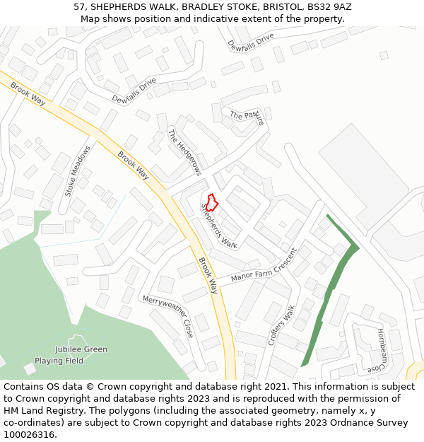 57, SHEPHERDS WALK, BRADLEY STOKE, BRISTOL, BS32 9AZ: Location map and indicative extent of plot