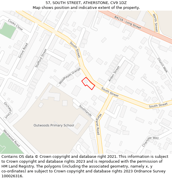 57, SOUTH STREET, ATHERSTONE, CV9 1DZ: Location map and indicative extent of plot