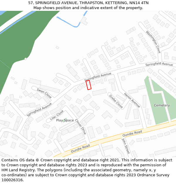 57, SPRINGFIELD AVENUE, THRAPSTON, KETTERING, NN14 4TN: Location map and indicative extent of plot