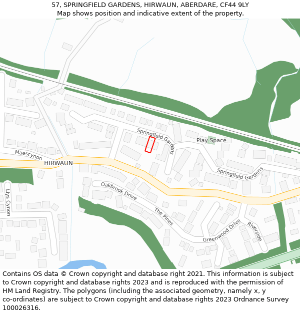 57, SPRINGFIELD GARDENS, HIRWAUN, ABERDARE, CF44 9LY: Location map and indicative extent of plot