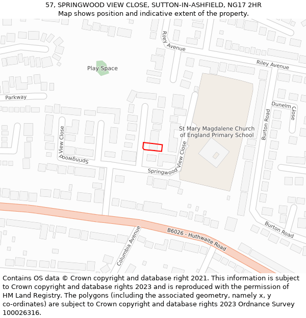 57, SPRINGWOOD VIEW CLOSE, SUTTON-IN-ASHFIELD, NG17 2HR: Location map and indicative extent of plot