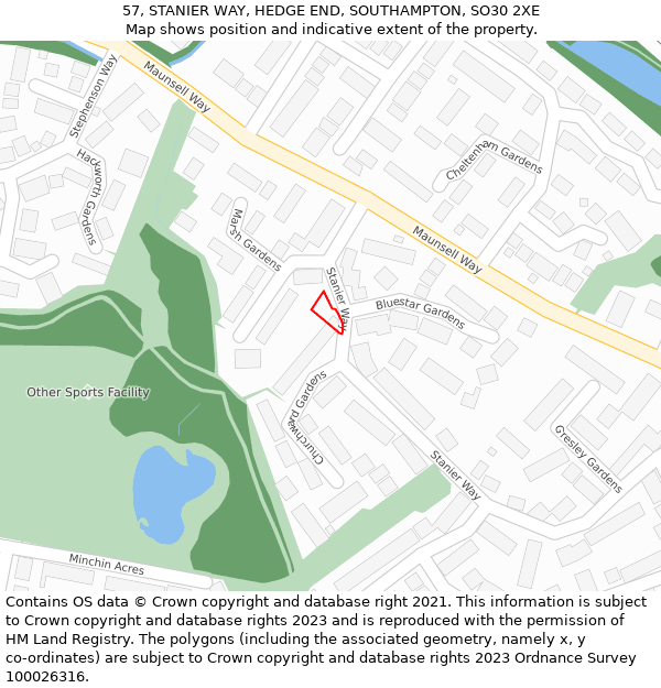 57, STANIER WAY, HEDGE END, SOUTHAMPTON, SO30 2XE: Location map and indicative extent of plot