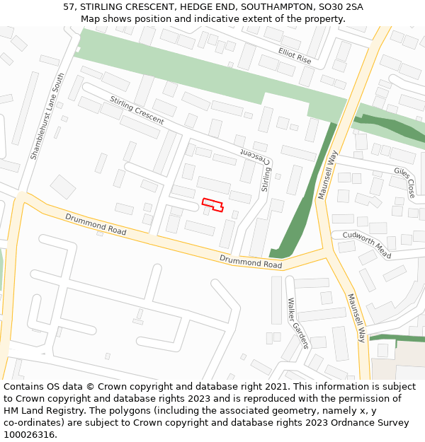 57, STIRLING CRESCENT, HEDGE END, SOUTHAMPTON, SO30 2SA: Location map and indicative extent of plot