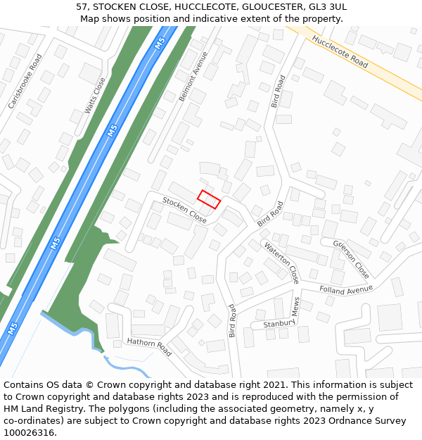 57, STOCKEN CLOSE, HUCCLECOTE, GLOUCESTER, GL3 3UL: Location map and indicative extent of plot