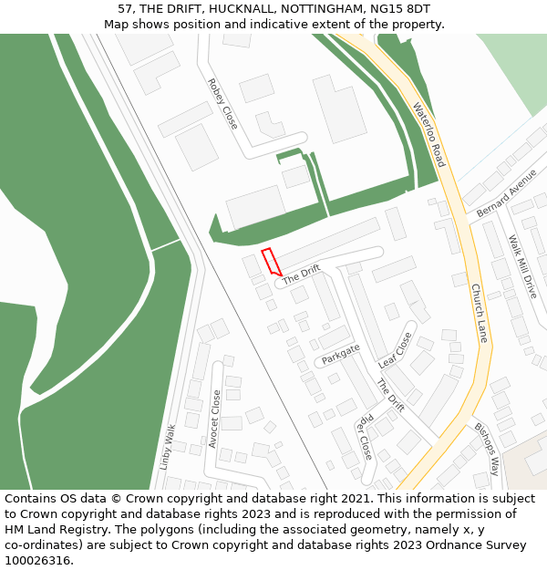 57, THE DRIFT, HUCKNALL, NOTTINGHAM, NG15 8DT: Location map and indicative extent of plot