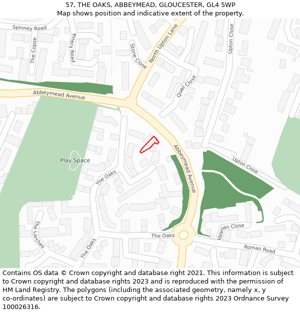 57, THE OAKS, ABBEYMEAD, GLOUCESTER, GL4 5WP: Location map and indicative extent of plot