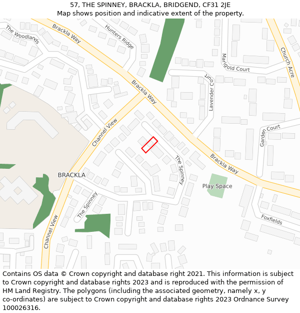 57, THE SPINNEY, BRACKLA, BRIDGEND, CF31 2JE: Location map and indicative extent of plot