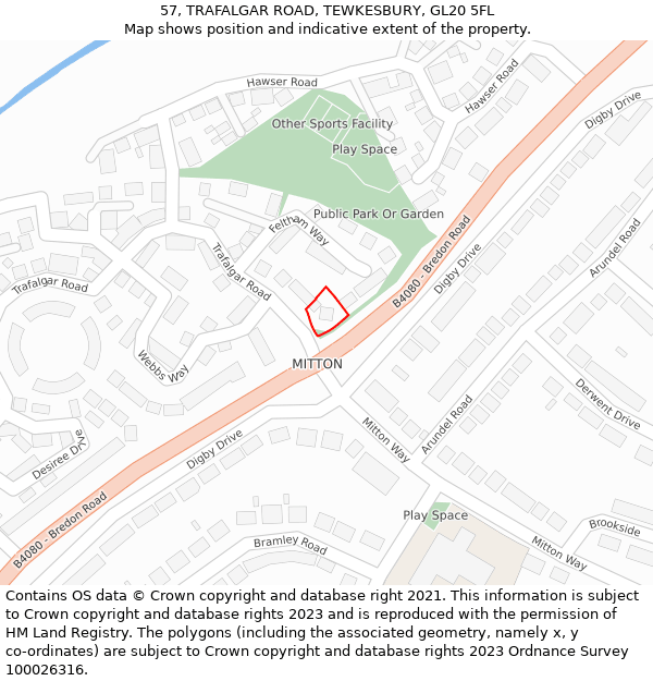 57, TRAFALGAR ROAD, TEWKESBURY, GL20 5FL: Location map and indicative extent of plot