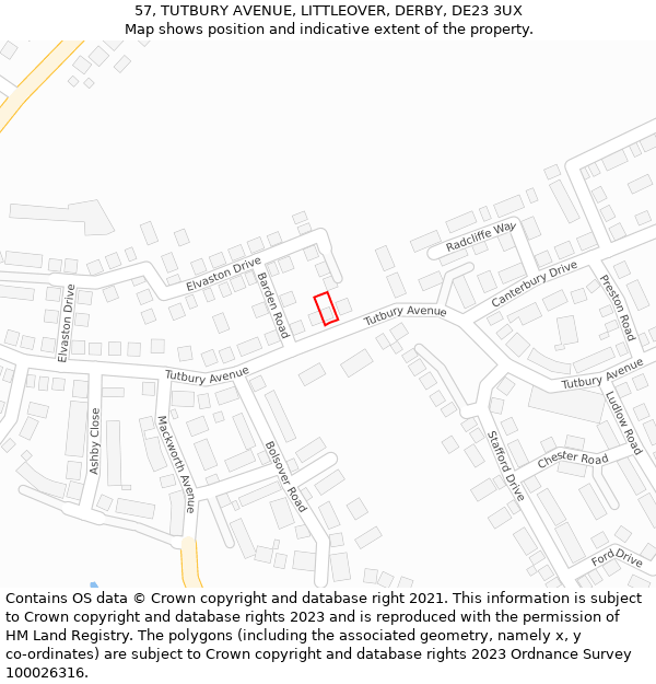 57, TUTBURY AVENUE, LITTLEOVER, DERBY, DE23 3UX: Location map and indicative extent of plot