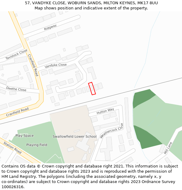 57, VANDYKE CLOSE, WOBURN SANDS, MILTON KEYNES, MK17 8UU: Location map and indicative extent of plot