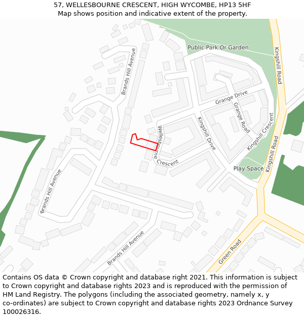 57, WELLESBOURNE CRESCENT, HIGH WYCOMBE, HP13 5HF: Location map and indicative extent of plot