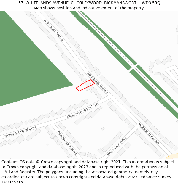 57, WHITELANDS AVENUE, CHORLEYWOOD, RICKMANSWORTH, WD3 5RQ: Location map and indicative extent of plot