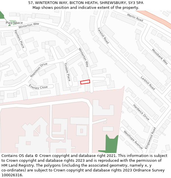 57, WINTERTON WAY, BICTON HEATH, SHREWSBURY, SY3 5PA: Location map and indicative extent of plot