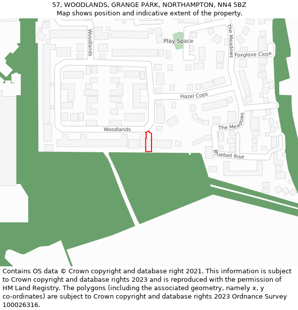 57, WOODLANDS, GRANGE PARK, NORTHAMPTON, NN4 5BZ: Location map and indicative extent of plot