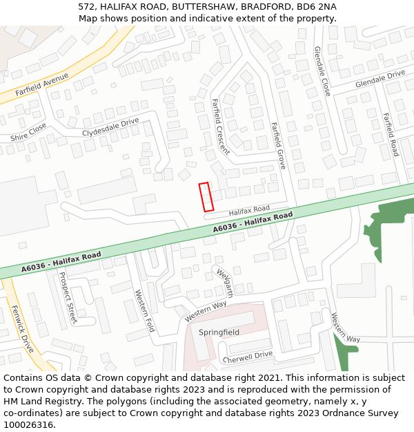 572, HALIFAX ROAD, BUTTERSHAW, BRADFORD, BD6 2NA: Location map and indicative extent of plot